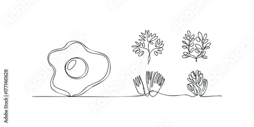 Line Drawing of Fried Egg and Leaves