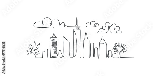 Minimalist cityscape with tall buildings and trees