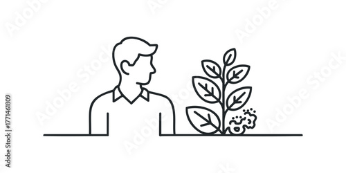 Man observes plant growth on horizontal line