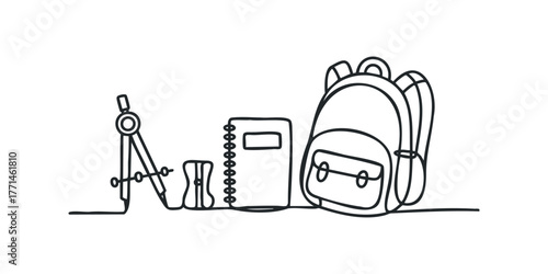 School supplies set with compass, pencil sharpener, notebook, and backpack