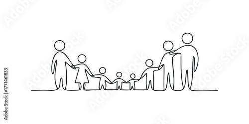 Family chain holding hands in continuous line drawing