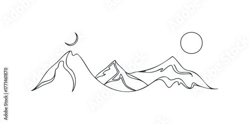 Minimalist mountain range with moon and sun outline