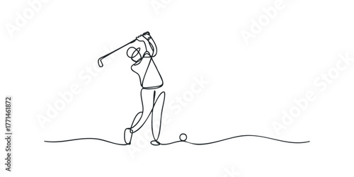Golfer swinging club hitting ball on white background