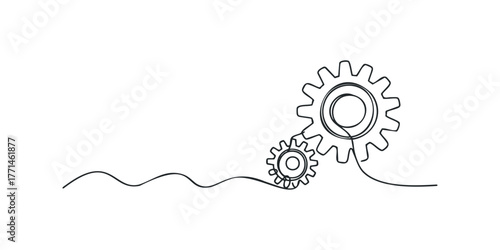 Line art drawing of interconnected gears in motion