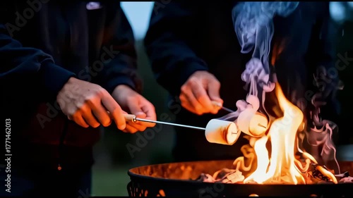 Hands roasting marshmallows over a glowing fire pit, showcasing the warmth and camaraderie of outdoor gatherings, with a gradual zoom in capturing the delicious moment of toasting