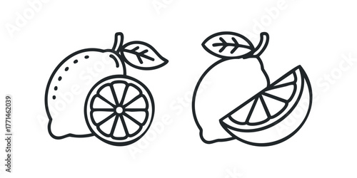 Line art depiction of a whole lemon with leaf and a sliced lemon