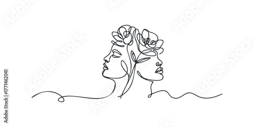 Two faces in profile united by floral element