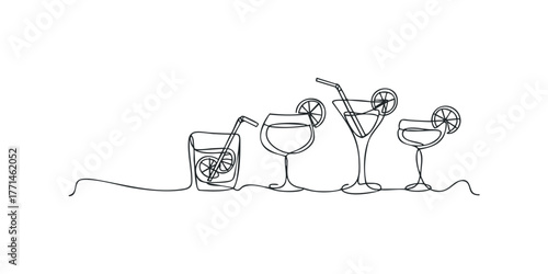 Line drawing of diverse cocktail glasses with citrus slices