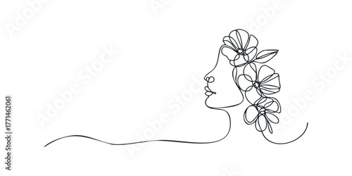 Woman profile with flowers in hair drawn with continuous line