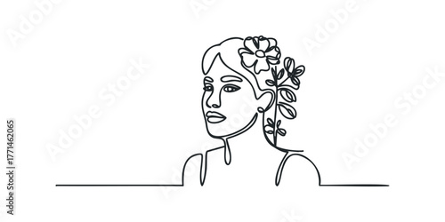One line drawing of a woman with flowers in her hair
