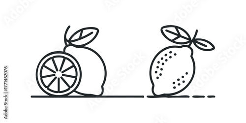 Simple line art drawing of a whole lemon and a sliced lemon