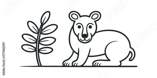 Line art illustration of a friendly lion next to a plant