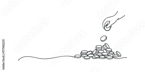Hand placing coin onto pile of currency