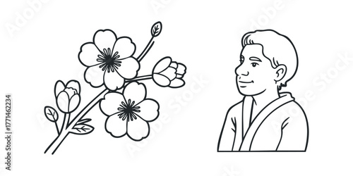 Person in robe admiring blossoming cherry branch line art