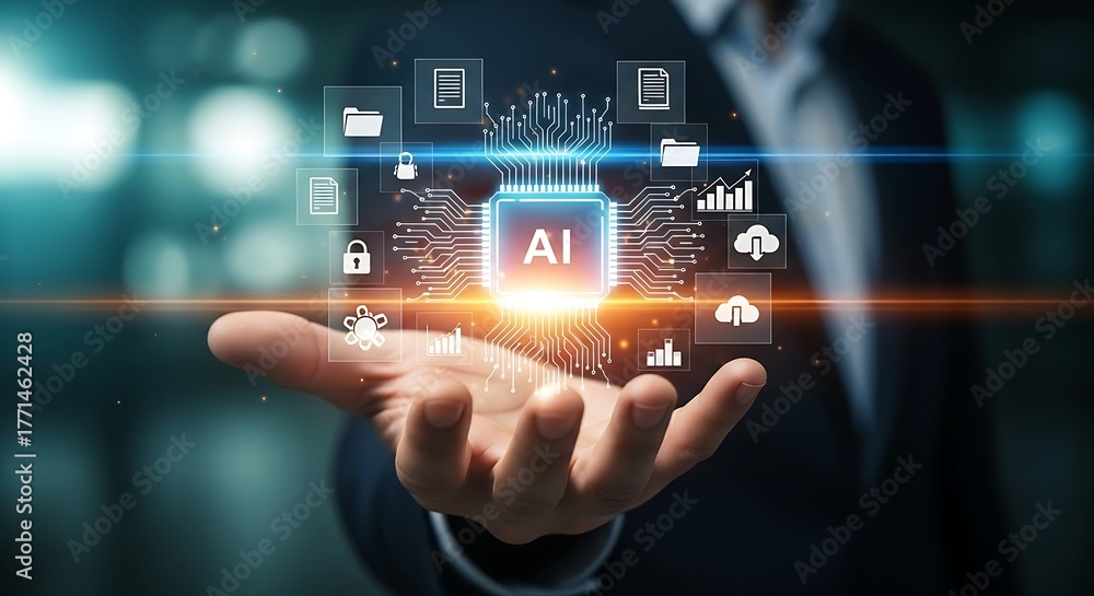 Fototapeta premium Businessman presenting a glowing AI microchip solution for organizing digital archives, managing big data, and optimizing office workflow