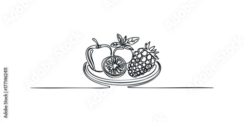 Line art of fresh fruits on a platter