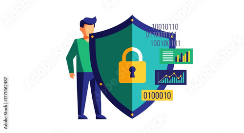 Cybersecurity expert protecting data with shield and lock.