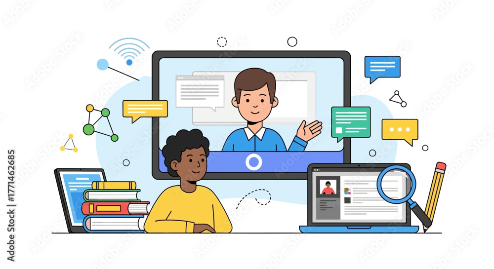 Fototapeta premium Online learning and education concept with students and teacher.