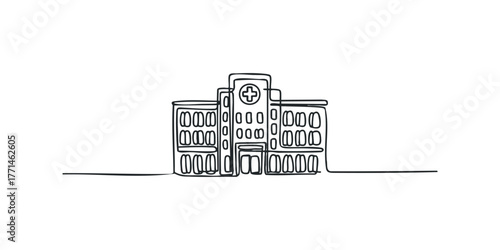 Line drawing of a hospital building exterior with windows and cross symbol