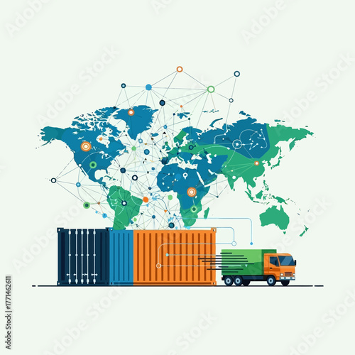 Global logistics and transportation network with shipping containers.