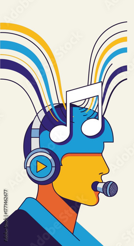 Music enthusiast with headphones and musical notes illustration.