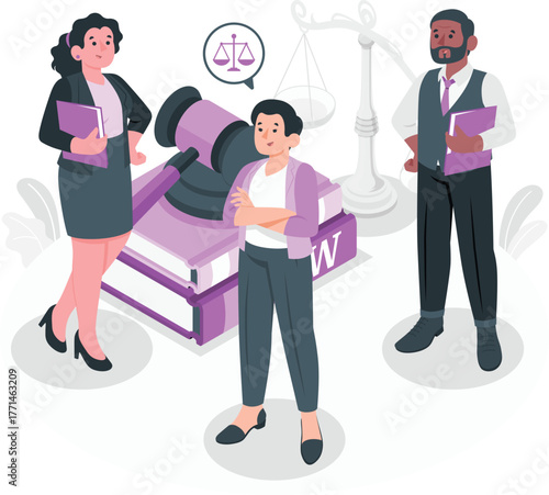 Diverse legal team with gavel and scales of justice court lawyer