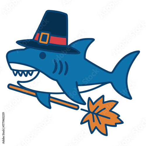 Cartoon Blue Shark with Pilgrim Hat Flying on Leaf Broomstick Silhouette 