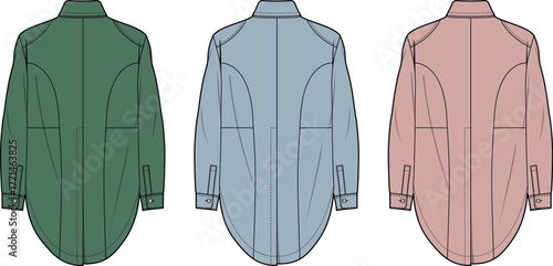 Vector illustration set of a women's long sleeve shirt back view, shown as a technical flat fashion sketch in multiple colorways for apparel design