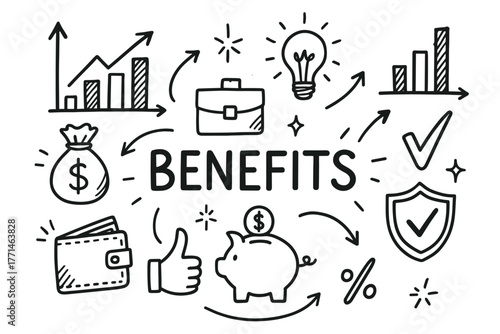Hand-drawn business benefits icons with graphs, lightbulb, wallet, and piggy bank