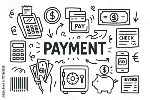 Hand-drawn payment methods doodles featuring cash, cards, and digital transactions