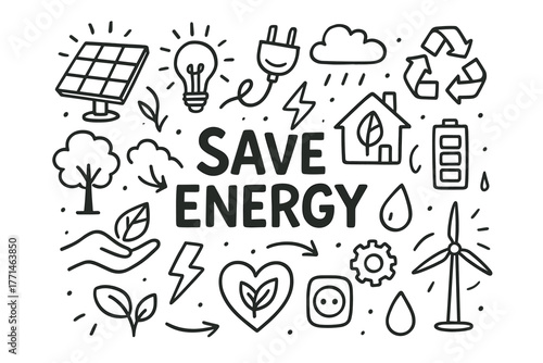 Hand-drawn energy saving icons and eco-friendly concepts for sustainability
