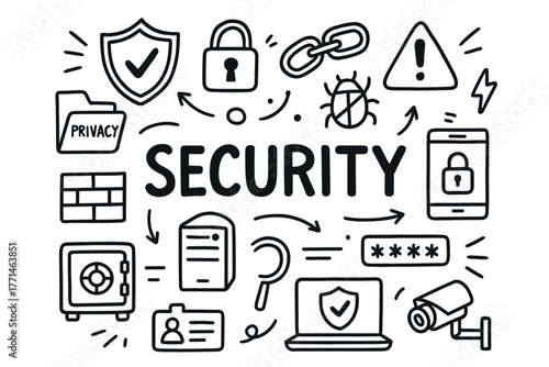 Digital security concept with lock, shield, and privacy icons