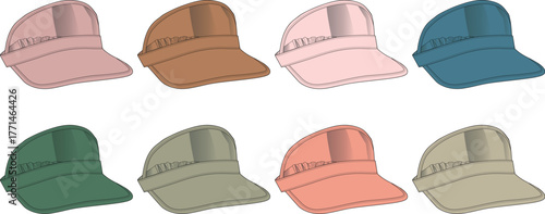 A collection of eight colorful sun visor hats presented in a variety of different palettes. Isolated vector illustration for sports and summer fashion concepts
