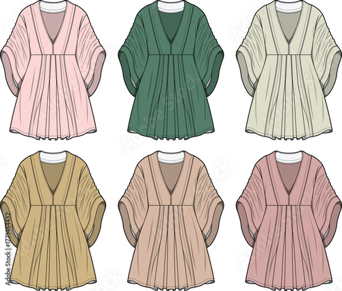 Fashion design flat sketch of a loose-fitting V-neck tunic with flowing sleeves in multiple color options for a modern wardrobe