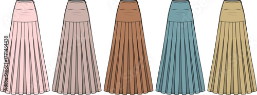 Fashion illustration of a set of pleated long skirts for women, shown in five different color variations. Vector apparel template