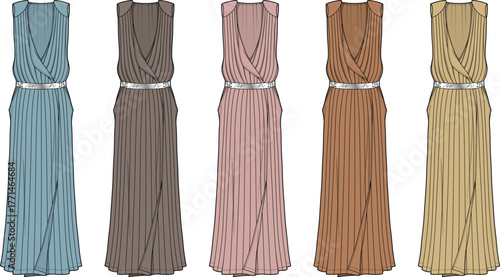 Elegant Sleeveless Pleated Wrap Dresses in Various Colors for Fashion Design and Illustration