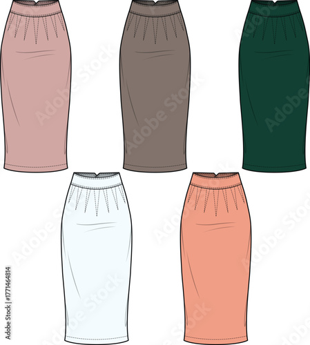 Set of five flat fashion sketches of pencil skirts in various pastel and earthy tones, presented in a grid layout on a white background