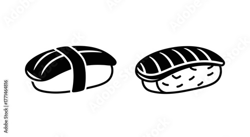 Black and white illustration depicting two pieces of nigiri sushi