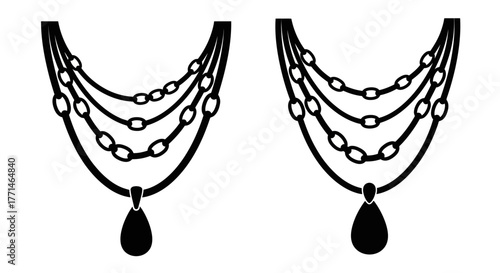 Black and white illustration of two layered necklaces with teardrop pendants