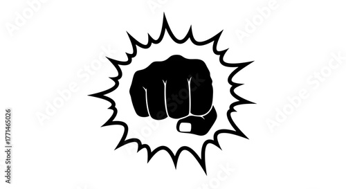 A black silhouette of a fist breaking through a starburst shape