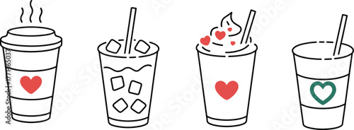 Four hand drawn stylized coffee drinks with heart decorations and straws