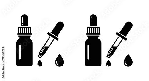 Simple black and white illustration displaying dropper bottles and droplets