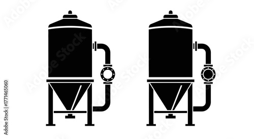Two black industrial tanks with conical bases and connecting pipes shown