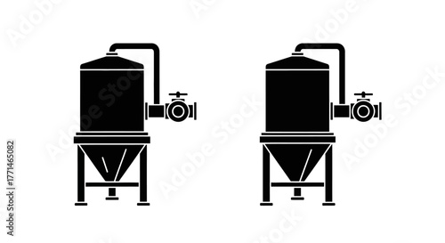 Black and white illustration of two industrial brewing tanks with valves