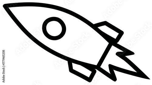 A black and white rocketship illustration, slanted, with smoke trail, fins, and circle window