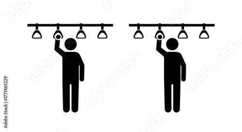 Simple black and white illustration of people holding subway straps