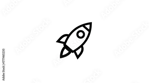 A simple, black and white illustration of a rocket ship against a white background, ascending