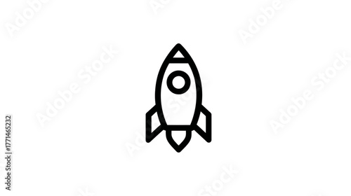 Black and white illustration of a stylized rocket ship on a white background