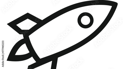 A black line drawing of a rocketship with flames and a fin, ready for flight