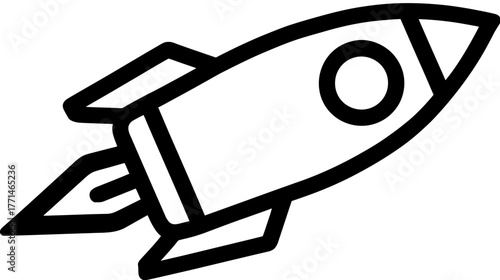 A black and white cartoon depiction of a rocket ship ready for launch